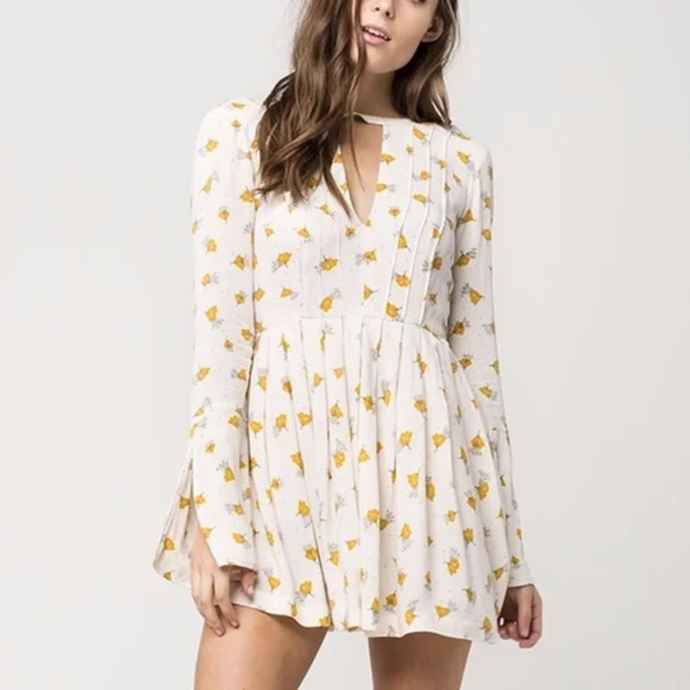 Free People White Mini Dress with Yellow Floral Print